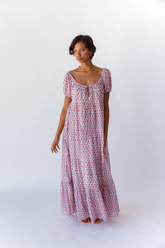 Sita Maxi Dress Violet — studio front view showing tiered silhouette, hand block print cotton | Daughters of India