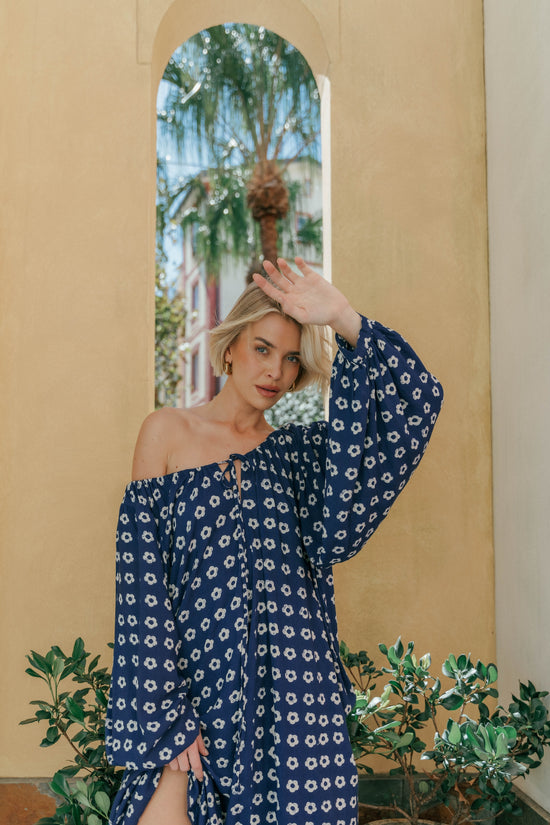 Zahra Midi Dress Indigo — lifestyle shot, hand block print linen artisan dress | Daughters of India