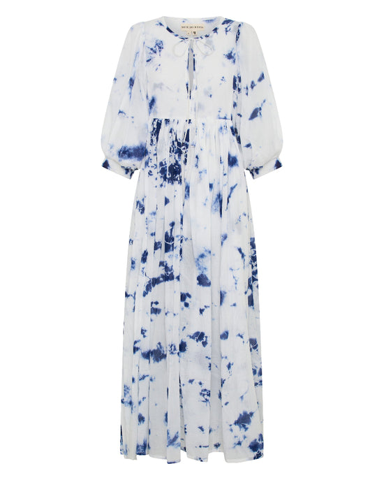 Kyra Maxi Dress Deep Sea — ghost mannequin full length front view, deep sea shibori tie-dye cotton maxi dress with V-neckline, balloon sleeves and tiered skirt, white background | Daughters of India