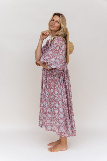 Daughters of India Kyra Midi Dress in Musk — studio with straw hat, side profile, hand screen print cotton