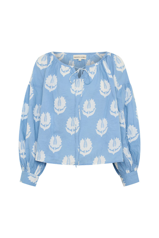 Ria Blouse Sky — studio side profile, three-quarter view, sky blue block print cotton blouse, relaxed silhouette, artisan India | Daughters of India